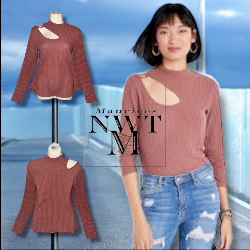 Maurices Sweater NWT Pink Brown Ribbed Mock Neck Shoulder Cut Out Long Sleeve M